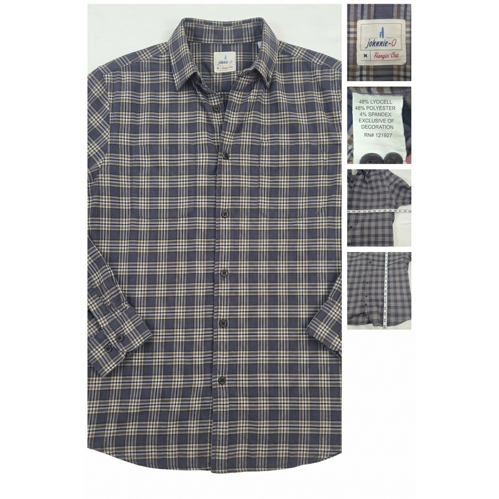 johnnie-O Hangin Out Plaid Shirt Mens M Lyocell Stretch Untucked Button Down